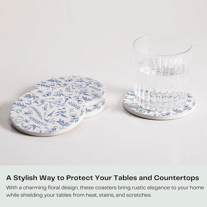 Set of 6 Floral Blue and White Coasters with Holder, Absorbent Ceramic Drink Coasters with Cork Backing for Table Protection, Coffee Table Décor