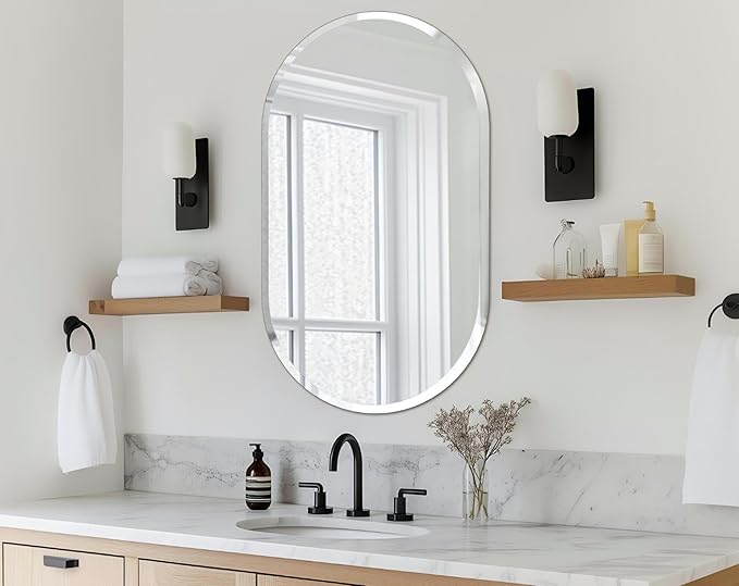 Frameless Oblong Wall Mirror: Decorative Oval Mirrored Glass Vanity with Beveled Silver Edge for Bathroom Bedroom Livingroom Dining Room Entryway Hallway, 32 x 20 inch