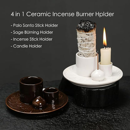 4 in 1 Multifunctional Ceramic Incense and Candle Holder with Ash Catcher Tray Suit for Burning White Sage, Palo Santo Sticks (White)