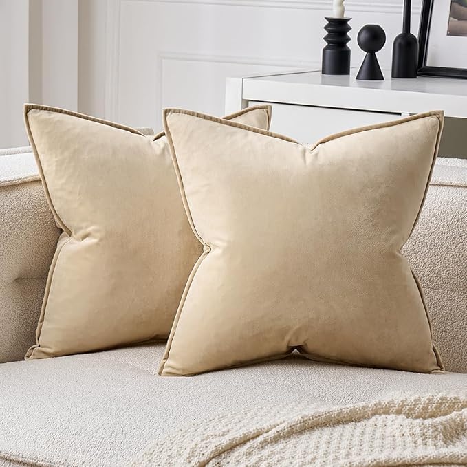 MIULEE Beige Decorative Velvet Throw Pillow Covers Soft Pillow Covers Soild Square Cushion Case for Sofa Bedroom 20x20 Inch 50x50 cm
