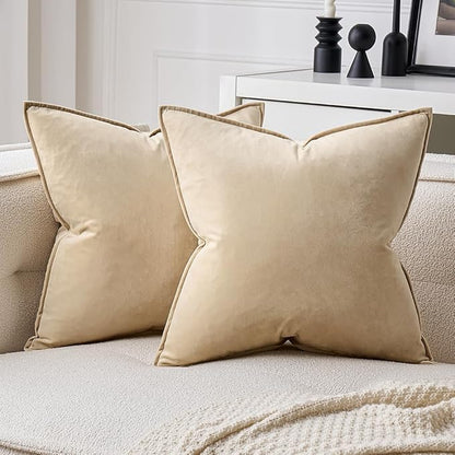MIULEE Beige Decorative Velvet Throw Pillow Covers Soft Pillow Covers Soild Square Cushion Case Euro Shamfor Summer Sofa Bedroom 24x24 Inch 60x60 cm