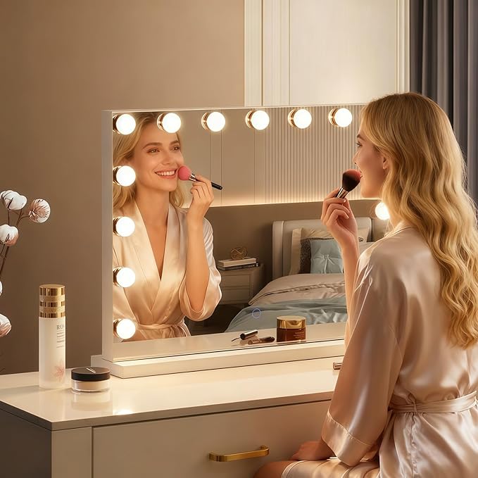 Hollywood Vanity Mirror with Lights, 23"x18" Lighted Makeup Mirror with 10x Magnification for Desk/Wall Mount, 15 Led Bulbs, 3 Lighting Modes for College Dorm, Bedroom, Dressing Room (White)