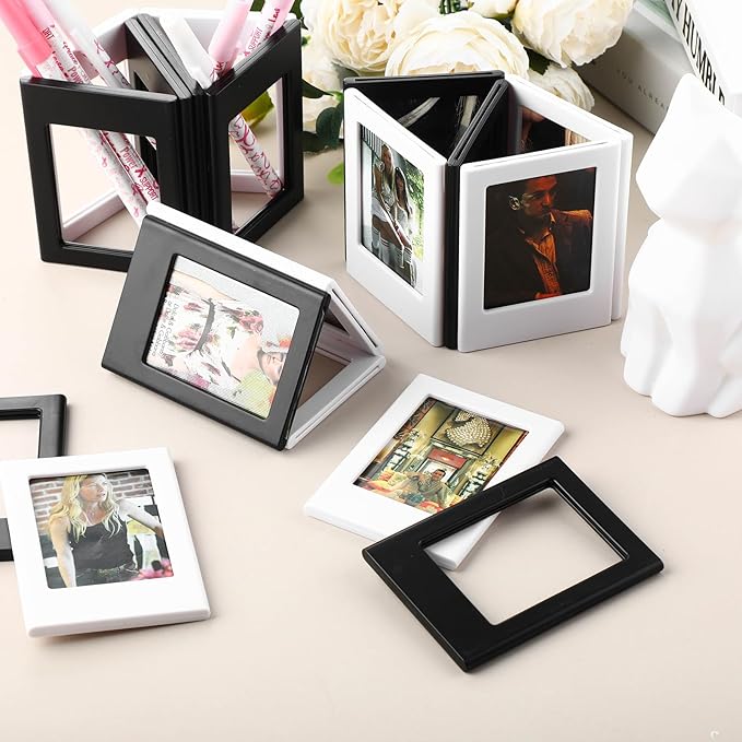 Epakh 40 Packs Magnetic Photo Picture Frame Cute Mini Table Photo Frame Holder 3 Inches Plastic Colorful Picture Display for Fridge Office (Black and White)