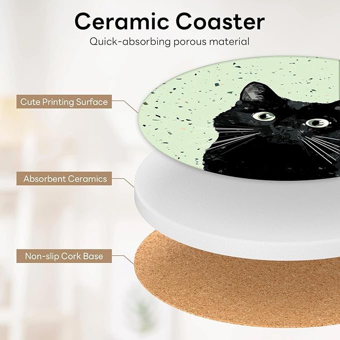 6-Piece Ceramic Coaster Set with Tray Diameter: 3.94 in Thickened Absorbent Material Heat-Resistant and Water-Absorbent Coaster Set Suitable for All Types of Cups， Black Cats
