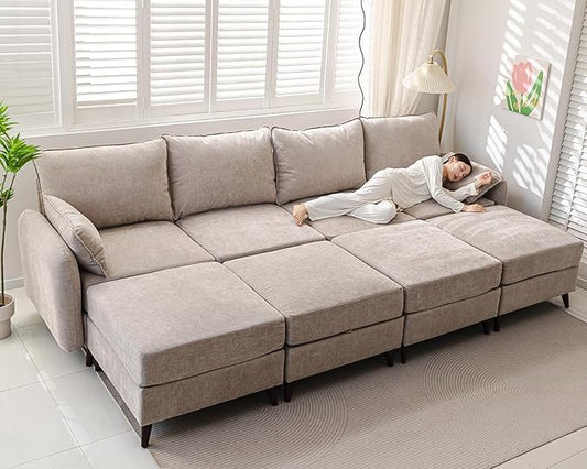135'' Modular Sectional Sofa with Seats Storage, Oversized Sleeper Sofa Bed,Comfy Couches for Living Room,Cloud Couches with Deep Seat,Movable Ottoman,2 Throw Pillow,Chenille,Khaki