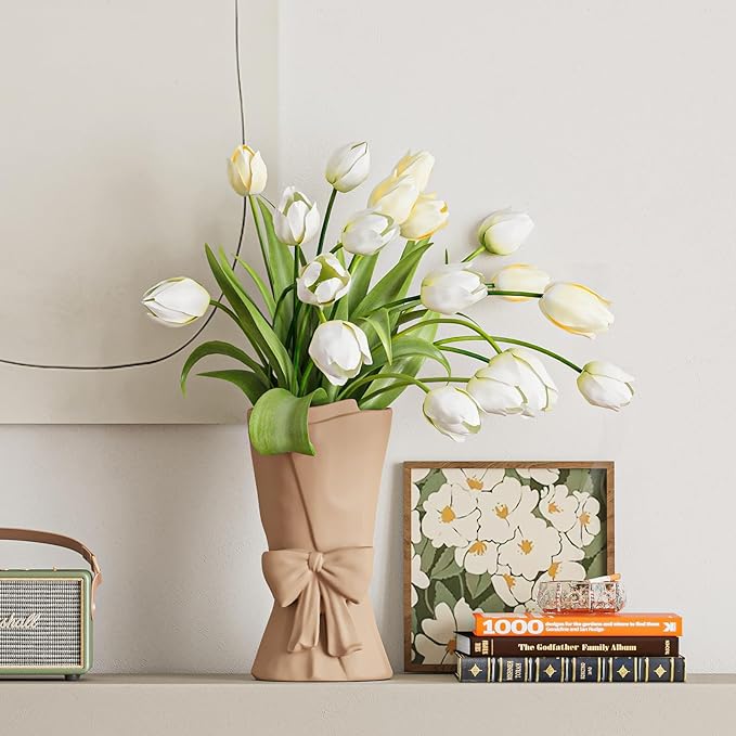 Beige Ceramic Bow Vase 9.64 in Unique Cute Modern Decorative Bouquet Flower Vases for Home Living Room Table Decor Women Girl Gifts