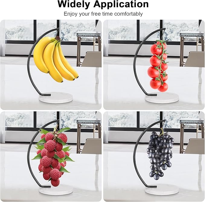 Livabber Banana Holder with Marble Base, Metal Banana Hanger Modern Tree Stand with Hook, Stylish Banana Keeper Fresh Fruit Storage Organizer Freestanding for Kitchen Countertop (Black, Single Hook)