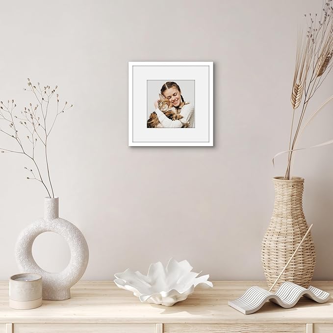 Americanflat 8x8 Picture Frame with Shatter-Resistant Glass - Use as 5x5 Frame with Mat or Display 8x8 Photo Without Mat - Streamline Collection - Square Frames for Tabletop or Wall - White
