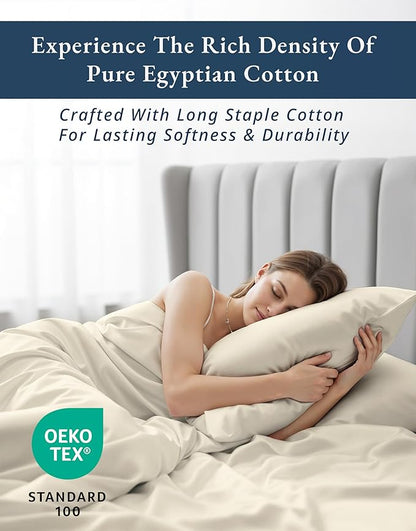 100% Egyptian Cotton Queen Size Bed Sheet set - Naturally Breathable & Durable Winter Comfort Queen Bed Sheets Set, Ultra-Soft Hotel Luxury Comfort with 15" Deep Pocket, Silky Sateen Weave - Ivory