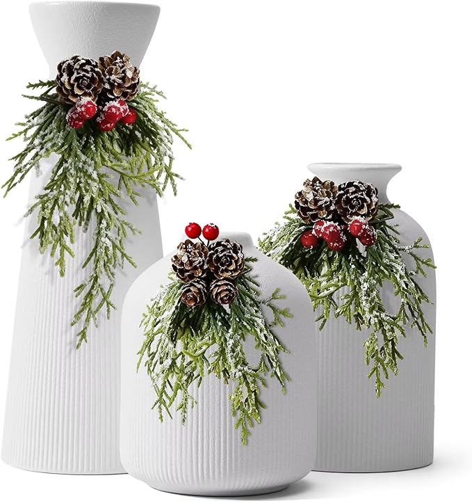 Christmas White Ceramic Flower Vases Set of 3, Large Xmas Gift Vases with Vertical Stripe Texture, Modern Decorative Vases for Dried Flowers, Home Decor for Living Room Bedroom Kitchen Shelf