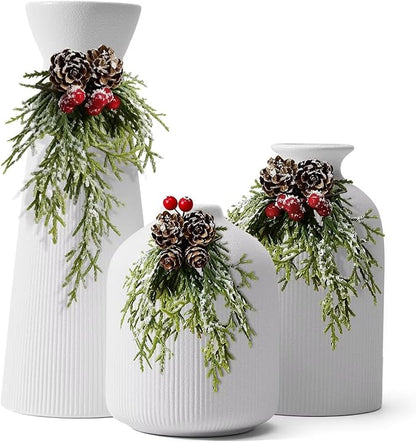 Christmas White Ceramic Flower Vases Set of 3, Large Xmas Gift Vases with Vertical Stripe Texture, Modern Decorative Vases for Dried Flowers, Home Decor for Living Room Bedroom Kitchen Shelf