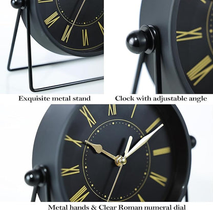 AYRELY® Vintage Black Metal Desk Clock,Battery Operated Mantel Clocks, Decorative Table Clocks with Adjustable Angle for Fireplace Farmhouse Shelf Living Room Décor (Black/Gold)