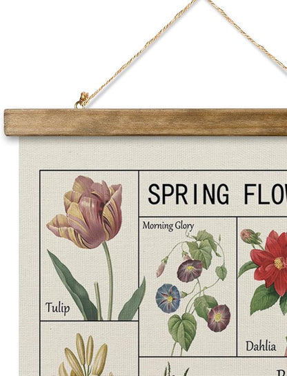 Vintage Spring Flower Poster Print, Botanical Educational Illustration, Rustic Wooden Hanger Frame, Linen Canvas Wall Art Decor, Farmhouse Cottagecore Style for Living Room Bedroom Office (16" x 23")