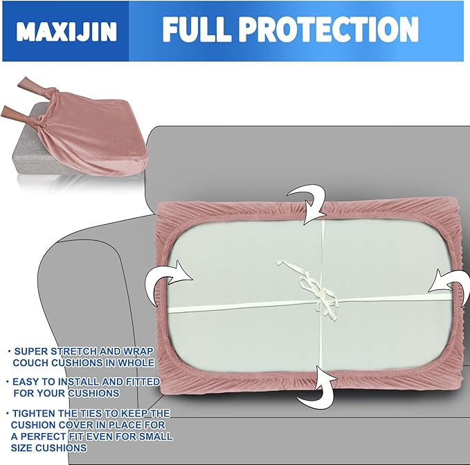 MAXIJIN Velvet Stretch Couch Cushion Covers Soft Sofa Cushion Cover Replacement Sofa Seat Cushion Slipcovers Furniture Protector with Elastic Bottom (1 Piece Sofa Cushion Cover, Dusty Pink)