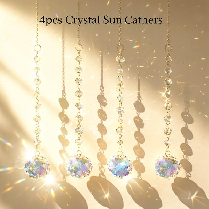 4Pcs Sun Catcher Crystals for Window Hanging, Rainbow Prism Sun Catchers with Crystal Prisms, Hanging Crystals Suncatchers for Windows Indoor Decor