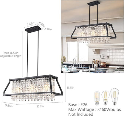 LMQNINE Chandeliers for Dining Room, 3-Light Trapezoidal Industrial Dining Room Light Fixture Farmhouse Chandelier Crystal Pendant Lights Kitchen Island Living Room (Black 30.7 inch)