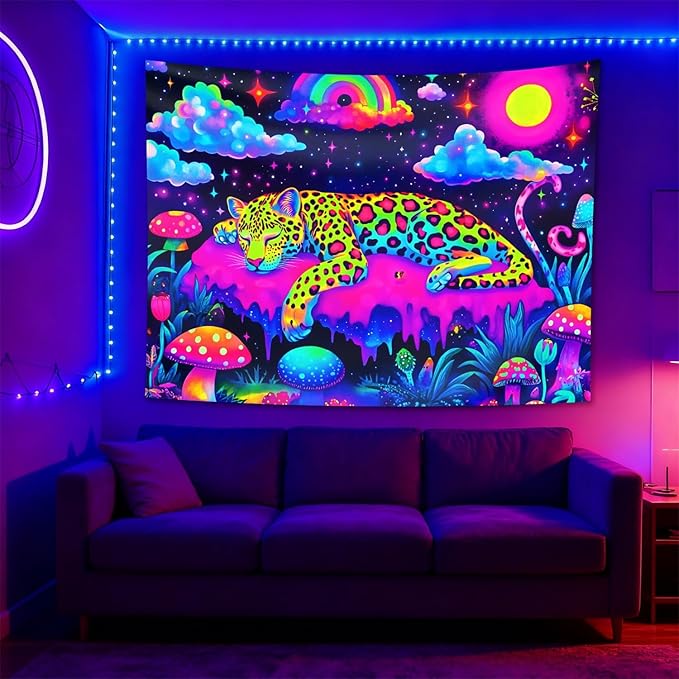 seewan Black Light Sleeping Leopard Tapestry, Glow-in-the-Dark UV Neon Rainbow Clouds and Stars Wall Hanging, Psychedelic Animal Art Tapestry, Bedroom Dorm Living Room Background Decor