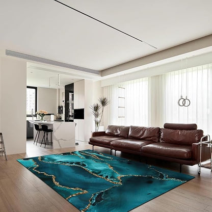 Emerald Blue Marble Area Rug, Luxury Marble Non Slip Noise Reduction Accent Rug, Machine Washable Durable Carpet for Indoor Bedroom Living Room Office Decor Rug - 5 ft x 7 ft