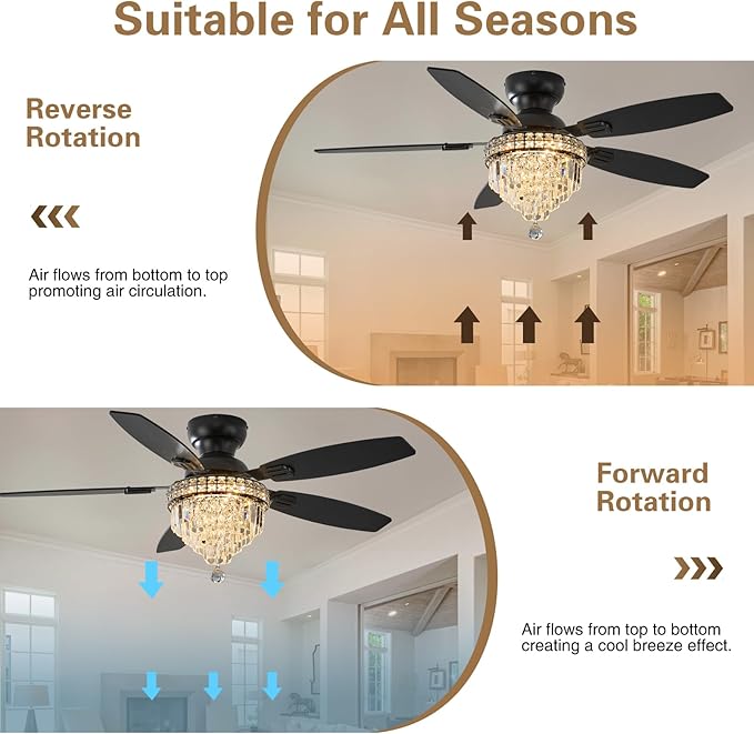 Crystal Ceiling Fan Fandelier with Lights-Ceiling Fans,50" Low Profile and Remote Control, Flush Mount, Reversible, Dimmable, Noiseless,Ceiling Fan for Bedroom（Black）