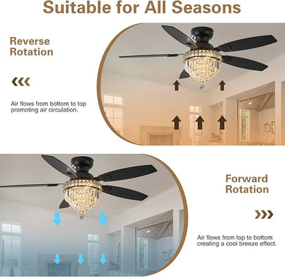 Crystal Ceiling Fan Fandelier with Lights-Ceiling Fans,50" Low Profile and Remote Control, Flush Mount, Reversible, Dimmable, Noiseless,Ceiling Fan for Bedroom（Black）