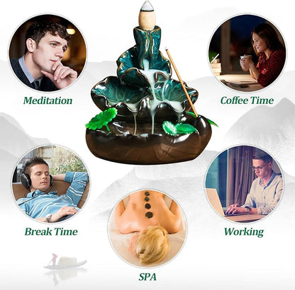 Cute Ceramic Backflow Incense Holder Waterfall Incense Burner with 48 Incense Cones and 30 Incense Stick, Incense Fountain for Home Decor, Desk Decor(Cyan)
