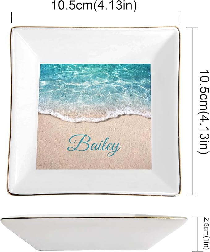 Seaside Pattern Custom Ceramic Jewelry Tray with Name, Personalized Ring Dish Holder for Her, Elegant Trinket Tray Birthday Christmas Wedding Gifts for Mom Mother Sister Friends