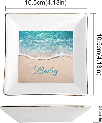 Seaside Pattern Custom Ceramic Jewelry Tray with Name, Personalized Ring Dish Holder for Her, Elegant Trinket Tray Birthday Christmas Wedding Gifts for Mom Mother Sister Friends