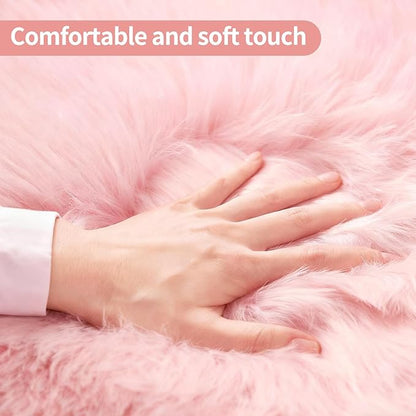 Pink Faux Fur Sheepskin Area Rug for Living Room Bedroom, 4 x 6 Feet Ultra Soft Shaggy Fuzzy Furry Carpet Chair Throw Large Rugs for Kids, Girls, Nursery Room Decor Dorms