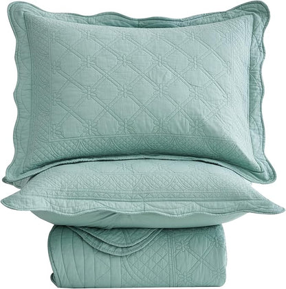 CHIXIN Cotton Bedspread Full Size - Real Stitching - Luxury Quilted Bedding Cover for All Season, Reversible, Ultra Soft, Lightweight, 3 Piece, Seaglass