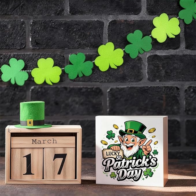 St. Patrick's Day Decor Lucky St Patrick's Day Wooden Box Sign, Cartoon Leprechaun Irish Theme Tabletop Decor for Home Bar Shelf Desk, Farmhouse Holiday Wooden Decoration Party Gift 5 x 5 Inches