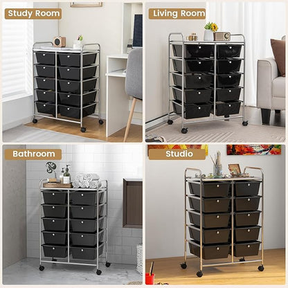 HAPPYGRILL 10-Drawer Rolling Storage Cart, Storage Organizer Cart with Lockable Wheels, Beauty Salon Movable Utility Cart for School, Office, Home, (Black)