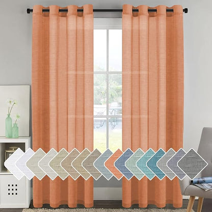 H.VERSAILTEX Linen Curtains Natural Linen Blended Curtain Panels for Living Room/Light Reducing Linen Semi Sheer Curtains 2 Panels Set Nickel Grommet Window Panels (52x96 Inch, Orange)