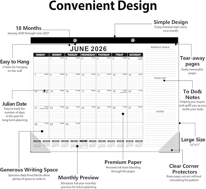 GuassLee Large Desk Calendar 2026,3 Packs 22" x 17" Desktop Wall Calendar 18 Months Wall Planner Runs from Jan. 2026 to Jun. 2027 with Julian Date To-do & Notes Monthly Goals for School Home Office