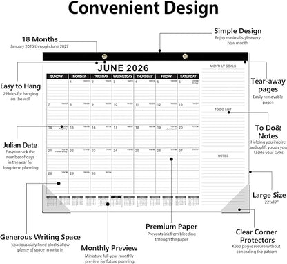 GuassLee Large Desk Calendar 2026,3 Packs 22" x 17" Desktop Wall Calendar 18 Months Wall Planner Runs from Jan. 2026 to Jun. 2027 with Julian Date To-do & Notes Monthly Goals for School Home Office