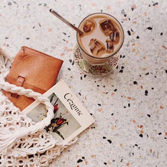 AD Set of 6 Coasters for Drinks Absorbing Round Ceramic Stone Coaster with Cork Base,Tabletop Protection Mat for Mugs and Cups,Office,Kitchen (Bontanicals with Holder)