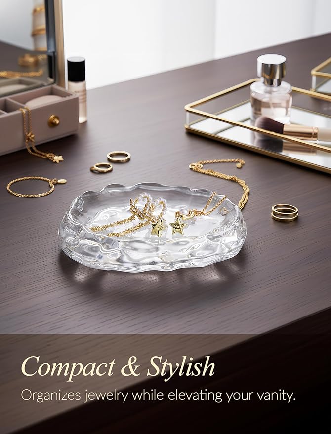 NiHome Clear Glass Jewelry Tray, Ring Dish and Trinket Holder for Women, Gift for Birthday, Anniversary, Christmas, or Valentine’s Day, Decorative Organizer for Vanity, Bathroom, or Bedroom