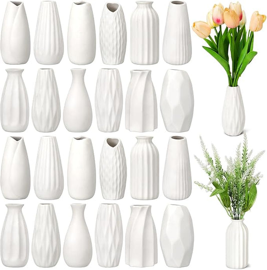 Yaomiao Set of 24 5'' White Ceramic Bud Vase Bulk Boho Rustic Small Flower Vase for Centerpieces for Wedding Home Dining Table Decoration DIY Gift, 12 Styles