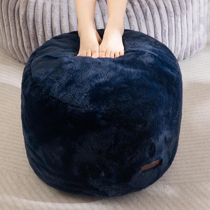 HIGOGOGO Pouf Stuffed Ottoman Round Modern Foam Filled Foot Rest Chair Decorative Poufs 26 x 18 Inches Fluffy Boho Comfy Stool for Living Room, Navy