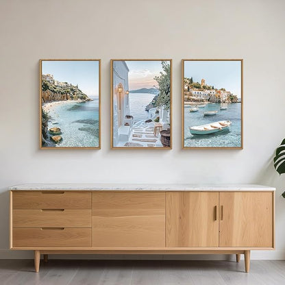 Natural Coastal Ocean Framed Canvas Wall Art Set,Modern Whitewashed Architecture Scenery Wall Decor, Mediterranean Beach Boat Landscape Artwork for Living Room, Bedroom,Farmhouse- 24"x36"x3