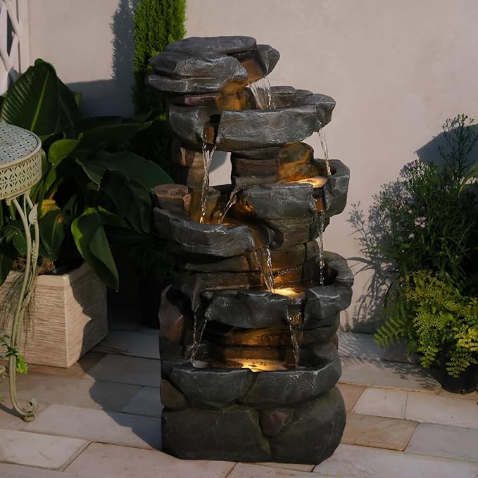 50.6" H Outdoor Water Fountain with 3 Tiers Large Cascading Realistic Tree Trunk Waterfall Fountains with LED Lights Outdoor Water Fountain for Garden Patio Backyard Porch Home Decor