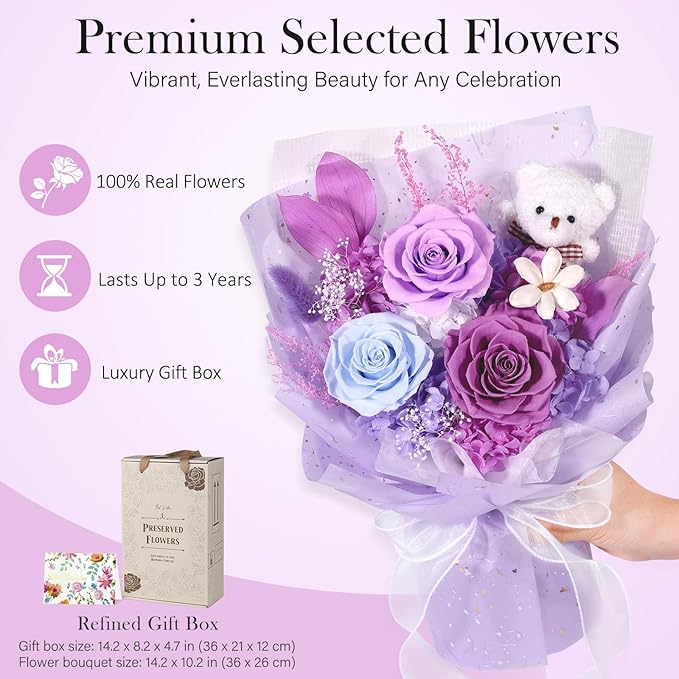 Preserved Flowers Bouquet with Bear, 3 Real Forever Flowers for Delivery, Long-Lasting Purple Eteranl Roses Bouquet, Anniversary Birthday Valentine Gifts for Women Mom Grandma Her Wife Girlfriend