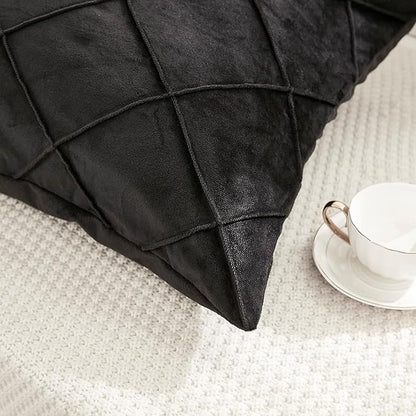 JAUXIO Diamond Pinch Pleated Crystal Velvet Pillowcases 2 Pack Solid Pintuck Throw Cushion Cover for Home Decor Hidden Zipper Closure (Black, Standard)