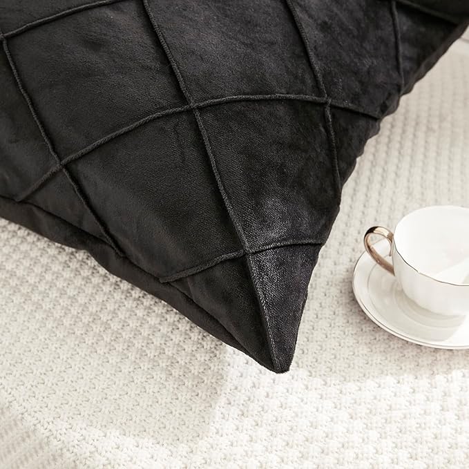 JAUXIO Diamond Pinch Pleated Crystal Velvet Pillowcases 2 Pack Solid Pintuck Throw Cushion Cover for Home Decor Hidden Zipper Closure (Black, King)