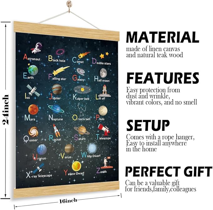 YGSDZY Alphabet Space Poster Wood Hanging, Canvas Aesthetic for Kid Room, Boys Bedroom Wall Decoration, Playroom Decors, ABC Alphabet Learning Hanging Poster for Home Classroom Decor, 11.8 * 15.7