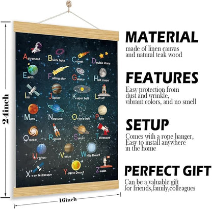 YGSDZY Alphabet Space Poster Wood Hanging, Canvas Aesthetic for Kid Room, Boys Bedroom Wall Decoration, Playroom Decors, ABC Alphabet Learning Hanging Poster for Home Classroom Decor, 11.8 * 15.7