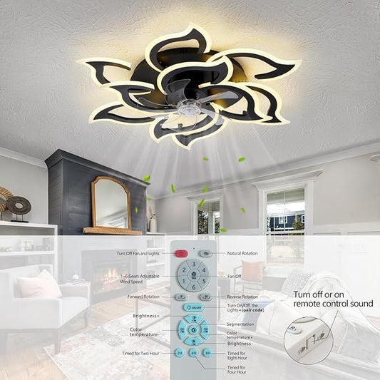 38" Black Geometric Ceiling Fan with Lights, 6 Speeds Flower Low Profile Flush Mount Ceiling Fan for Living Room