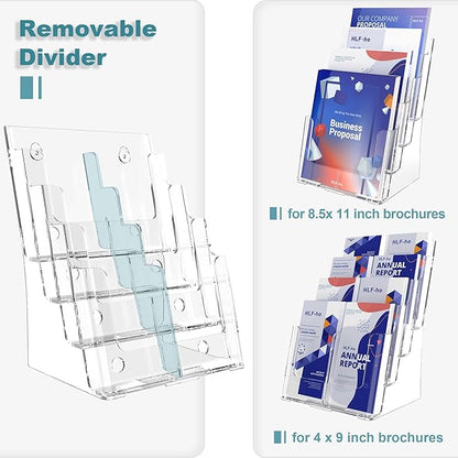 Brochure Holder 8.5x11 Inch 4 Tier with Removable Divider for 4x9 inch Clear Acrylic Pamphlet Display Stand Holder Countertop Use or Wall Mount for Office, Lobby, Hotel, Trade Show, 1 Pack