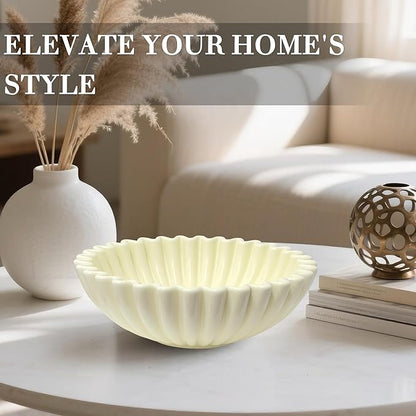 Large Decorative Bowl, Beige Ceramic Fruit Bowl for Kitchen Counter, Key Bowls for Entryway Table, Modern Coffee Table Home Decor, Scalloped Handmade Artwork