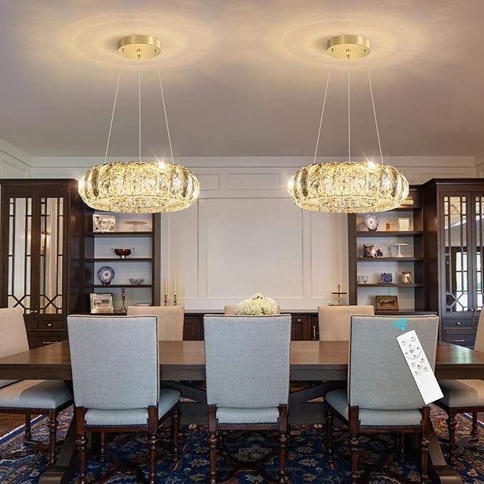 Crystal Round Chandelier Modern LED Dining Pendant Lights for Kitchen Island Dining Room Remote Dimmable Hanging Light Entrance Bedroom Lighting Gold
