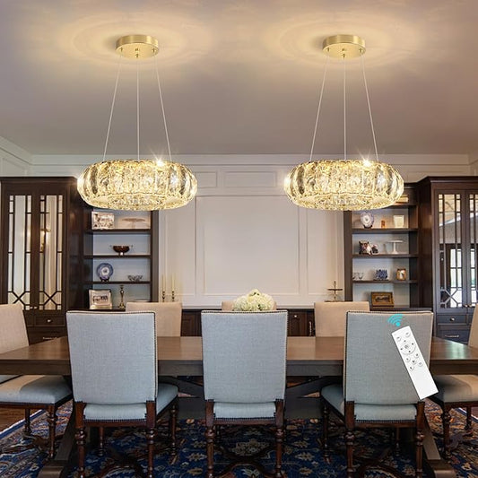 Crystal Round Chandelier Modern LED Dining Pendant Lights for Kitchen Island Dining Room Remote Dimmable Hanging Light Entrance Bedroom Lighting Gold
